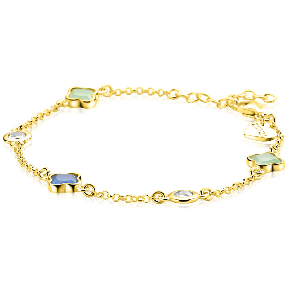 Bracciale placcato oro con gemme colorate e dettagli ovali e quadrati.