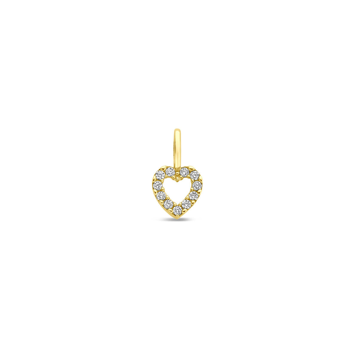 Ciondolo a forma di cuore in oro giallo 14K, decorato con zirconi, diametro 10,5 mm.