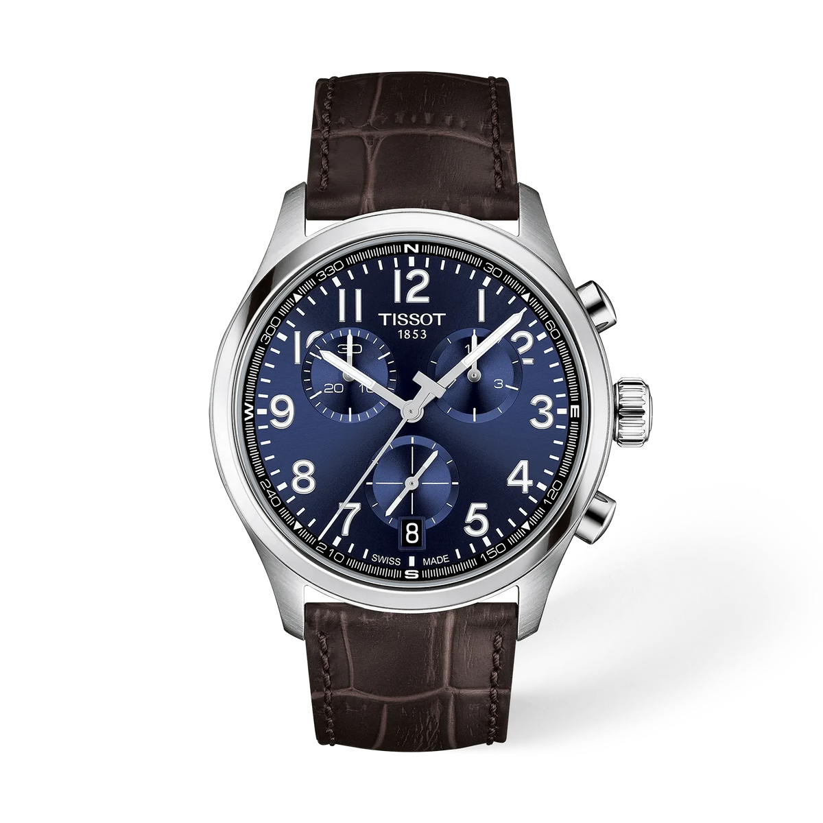 Orologio Tissot Chrono con cassa in acciaio, quadrante blu e cinturino in pelle marrone.