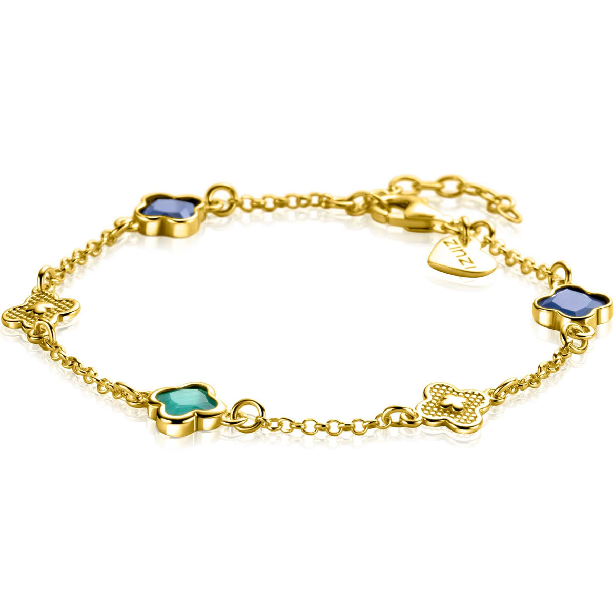 Bracciale in argento placcato oro con charm colorati a forma di fiore.