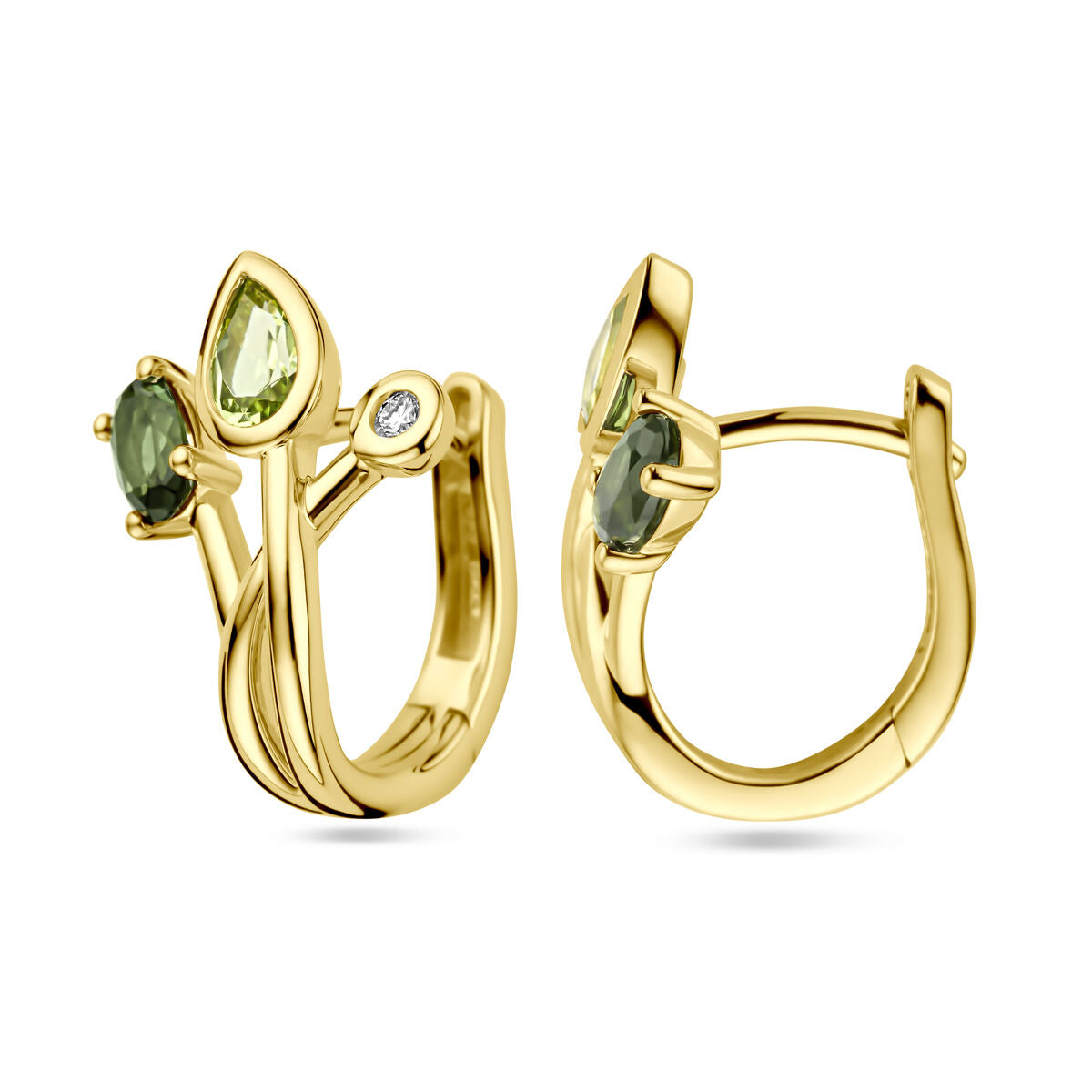 orecchini a cerchio con tormalina verde, peridoto e diamante 0.03ct (2x 0.015ct) h si oro giallo 14K