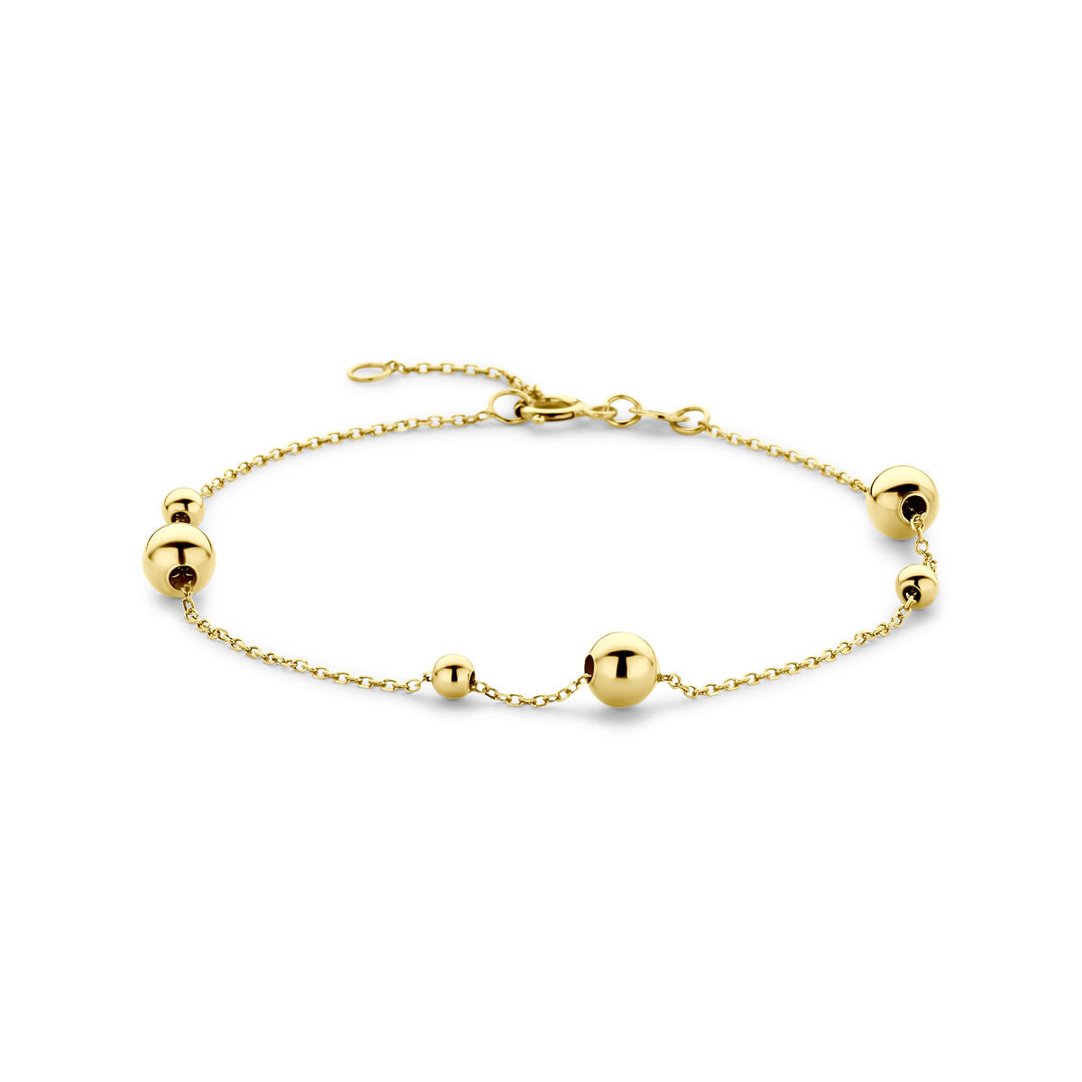 Bracciale in oro giallo 14K con sfere, lunghezza regolabile da 16,5 a 18,5 cm.