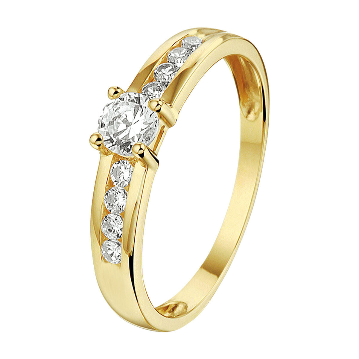 Anello in oro giallo 14K con zirconi, caratterizzato da una pietra centrale e dettagli luminosi.