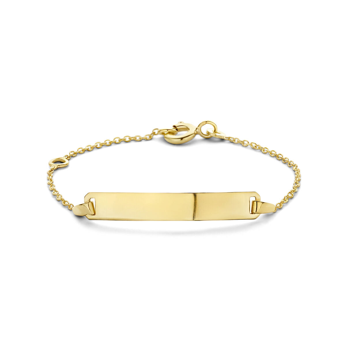 Bracciale in oro giallo 9 carati con placca rettangolare e catena fine.