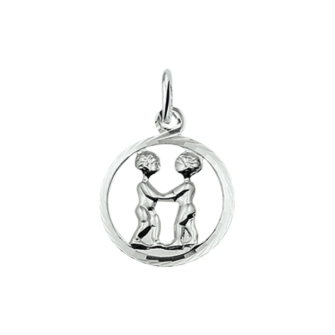 De Van der Kooij Collectie hanger sterrenbeeld gediamanteerd zilver wit is een unisex hanger met twee knielende figuren in een cirkel. Deze zilverkleurige hanger combineert elegantie en stijl voor elke gelegenheid.