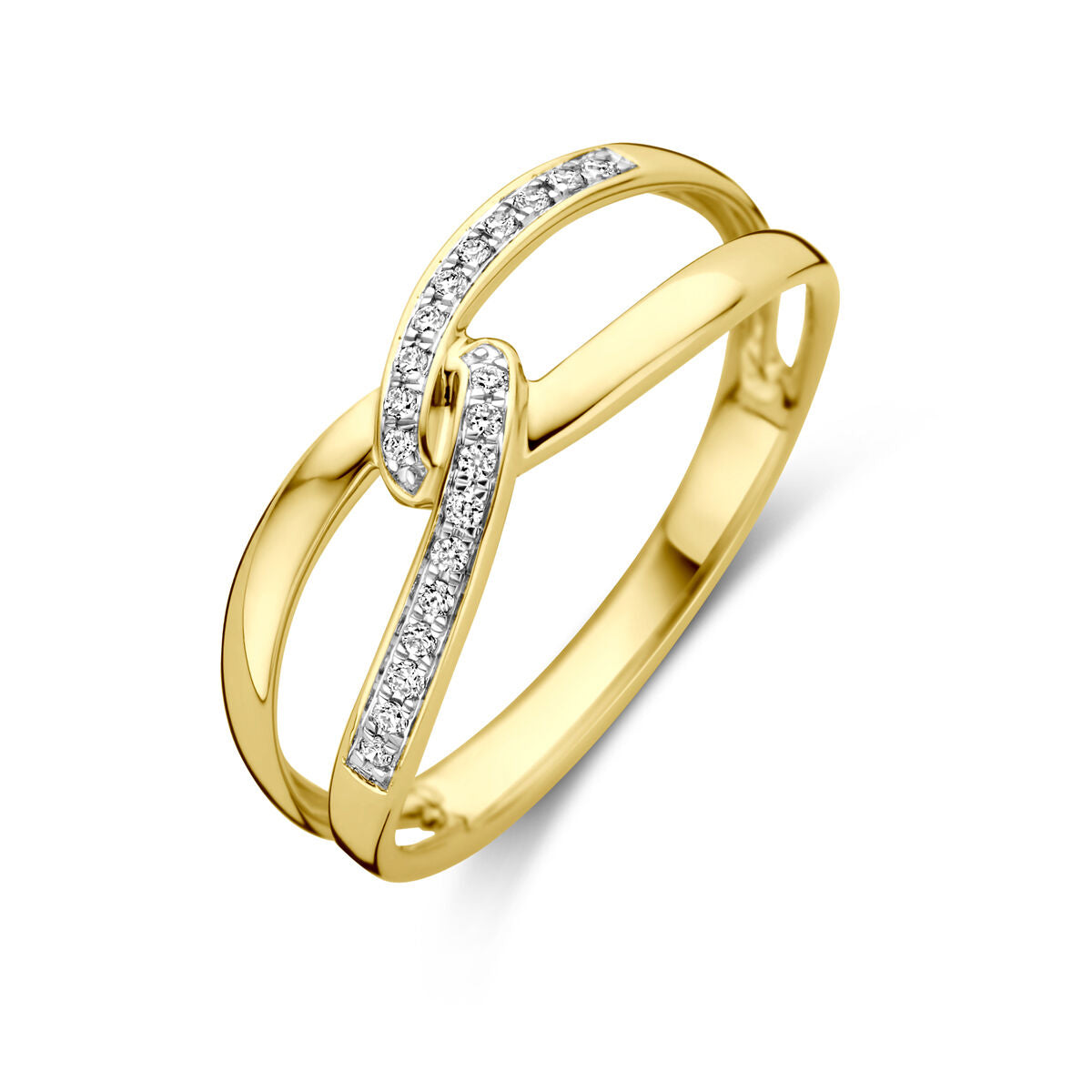 anello in oro giallo 14K con diamanti 0,06 ct, design intrecciato con dettagli lucidi