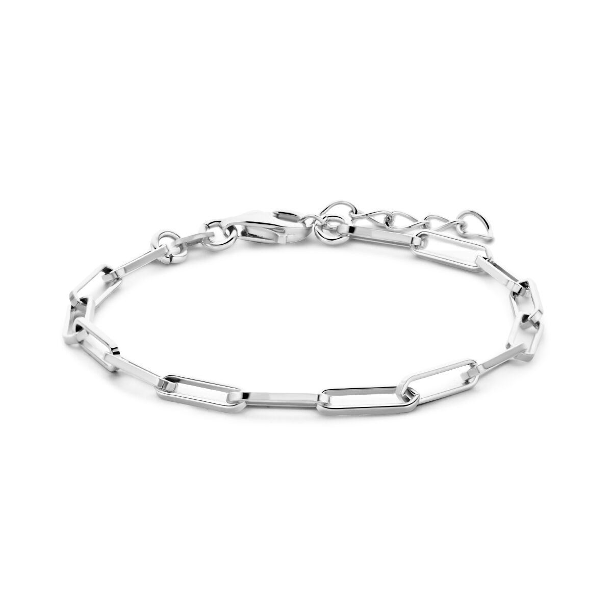 Bracciale in argento rodiato con maglie a forma di clip di carta, lunghezza 15,5 + 2,5 cm.
