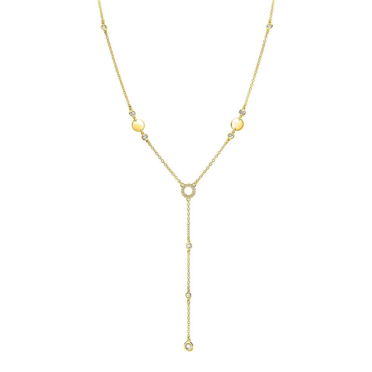 Gouden Y-collier van zilver, 45 cm, versierd met witte zirkonia's en ronde elementen.