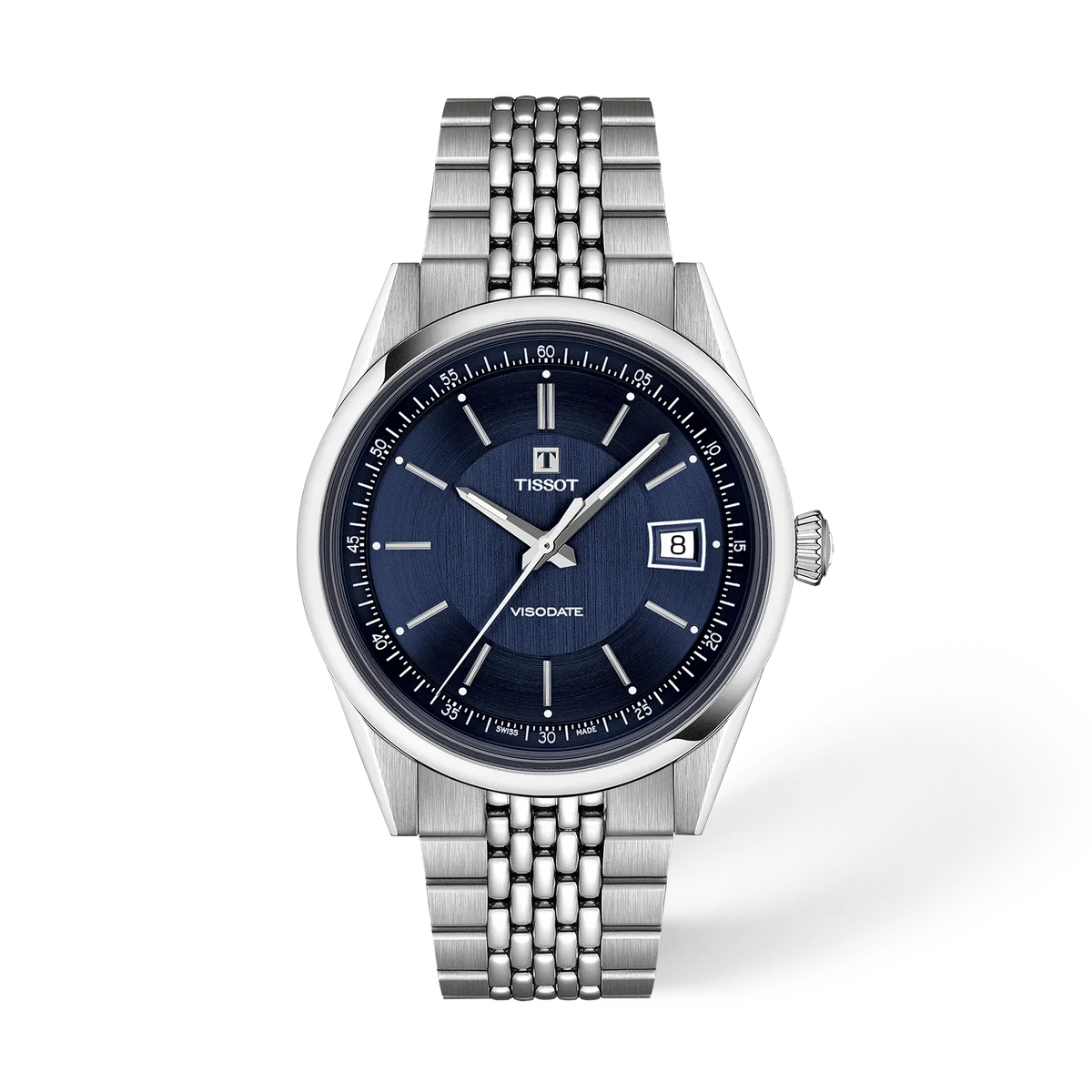 Orologio Tissot Visodate con cassa argentata, quadrante blu e cinturino maglia rolò.