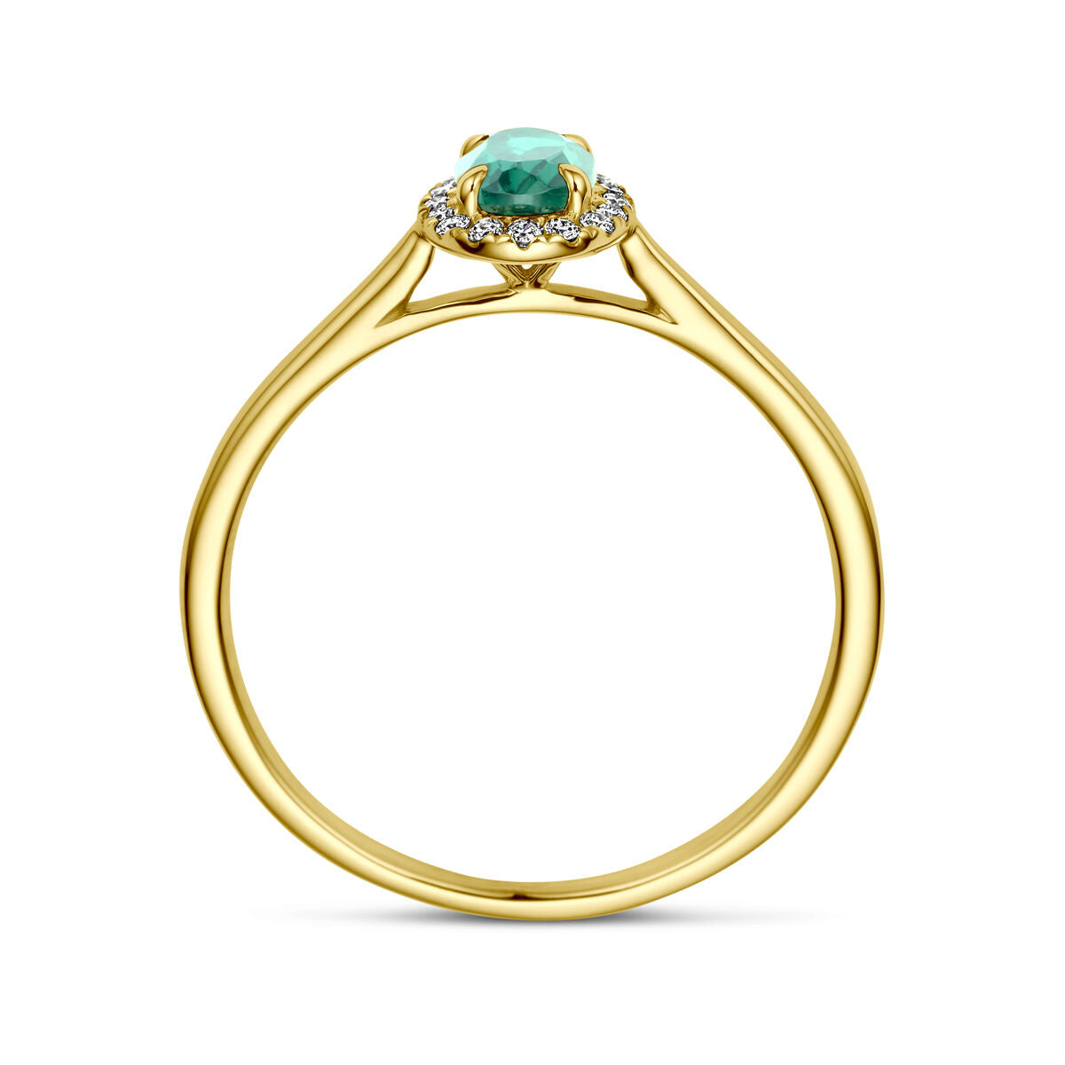 De Van der Kooij Collectie ring lab grown smaragd en diamant 0.075ct h si halo 14K geelgoud heeft een ronde lab grown smaragd in het midden met een halo van diamanten, van opzij gezien tegen een witte achtergrond.