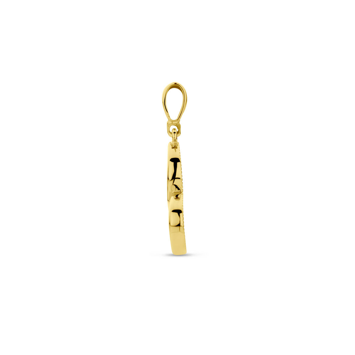 Zijaanzicht van de Van der Kooij Collectie hanger hart 14K geelgoud, met een gladde, gepolijste afwerking en kleine gouden lus - een elegante toevoeging aan elke sieradencollectie, getoond tegen een effen witte achtergrond.