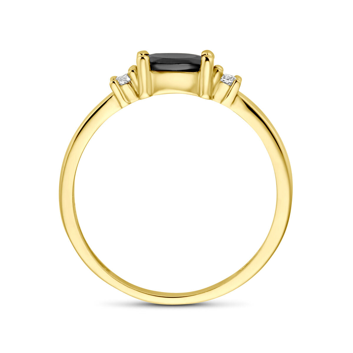 Een 14K geelgouden ring uit de Van der Kooij Collectie met een rechthoekige zwart-witte zirkoon in het midden, omringd door kleine heldere stenen, getoond in zijaanzicht tegen een witte achtergrond.