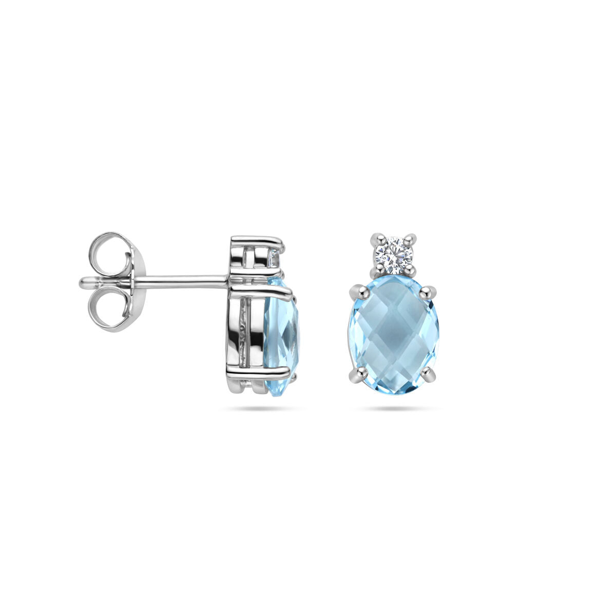 Orecchini a bottone topazio blu e zirconia argento rodiato