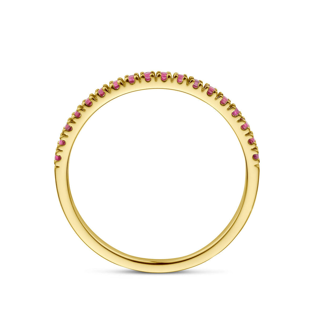Een 14K geelgouden "ring met geboortesteen robijn juli" uit de Van der Kooij Collectie, bezet met kleine robijnen langs de bovenzijde, getoond op een witte achtergrond.