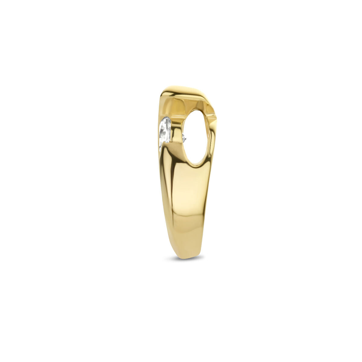 De Van der Kooij Collectie hanger druppel zirkonia in 14K geelgoud heeft een moderne sculpturale ovale uitsnede en een kleine heldere zirkoon, afgebeeld tegen een witte achtergrond-een gedurfd statement voor dames sieraden fans.