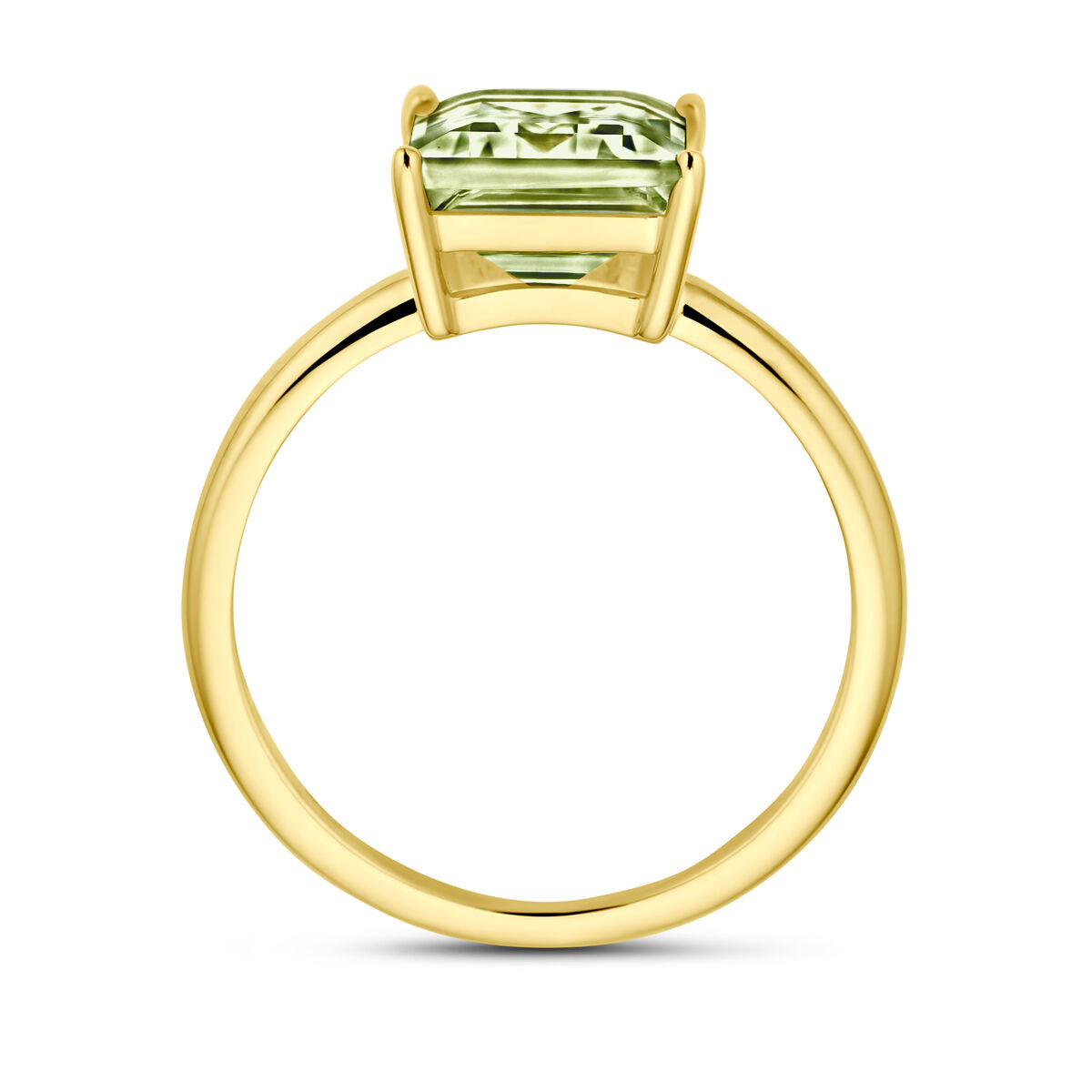 De Van der Kooij Collectie ring groen amethist 14K geelgoud heeft een rechthoekige lichtgroene amethist in een zetting met vier tanden, van de zijkant gezien om het profiel van de band en de edelsteen te laten zien.