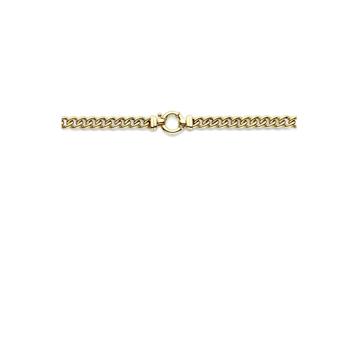 Een luxe sieraad: het Van der Kooij Collectie collier gourmette 7,7 mm, 45 cm met groot springslot van 14K geelgoud is horizontaal gepresenteerd op een witte achtergrond.