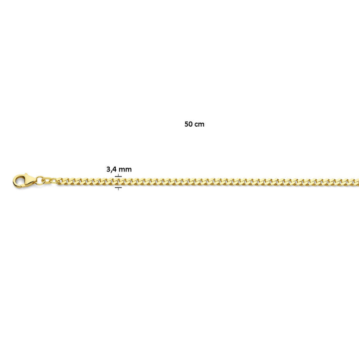 Gouden ketting heren - gourmette 4-zijdes geslepen, massief 14K geelgoud, 3,4 mm dik en 50 cm lang met karabijnsluiting. Getoond op witte achtergrond met afmetingen. Van der Kooij Collectie luxe sieraden.