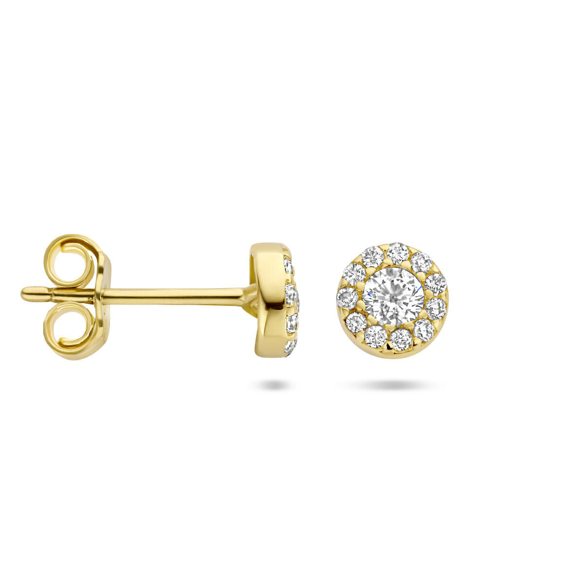Orecchini a bottone zirconia halo 14K oro giallo