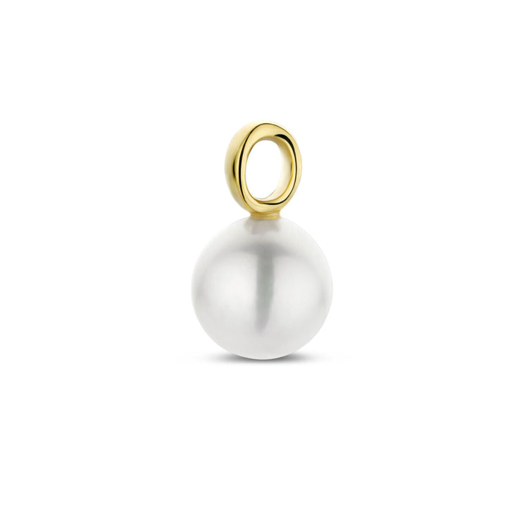 Een enkele witte zoetwaterparel hanger met een gladde, ronde vorm en 14K geelgouden hangerlus, uit de verfijnde "hanger parel 14K geelgoud" van de Van der Kooij Collectie, getoond op een effen witte achtergrond.