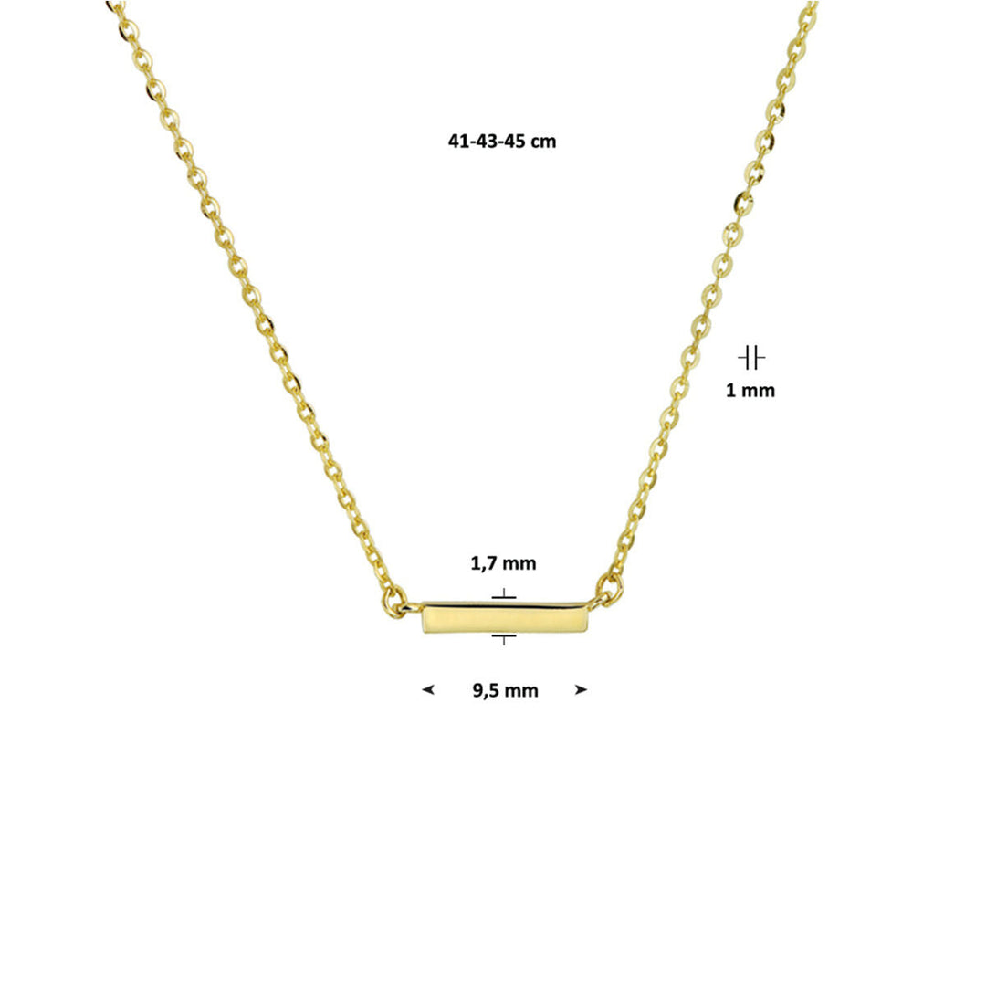 Het Van der Kooij Collectie collier balkje is een 14K geelgoud collier met een verstelbare ankerschakel ketting (41-45 cm) en een horizontale bar hanger (9,5 × 1,7 × 1 mm). Alle maten staan op de afbeelding.