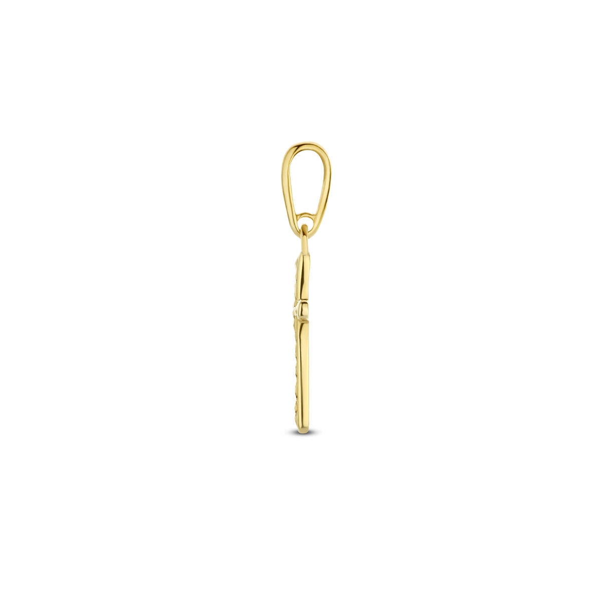Een sprankelende 14K geelgouden diamanten kruis hanger van Van der Kooij Collectie, zijdelings afgebeeld tegen een witte achtergrond - een elegante dameshanger als aanvulling op je gouden ketting.