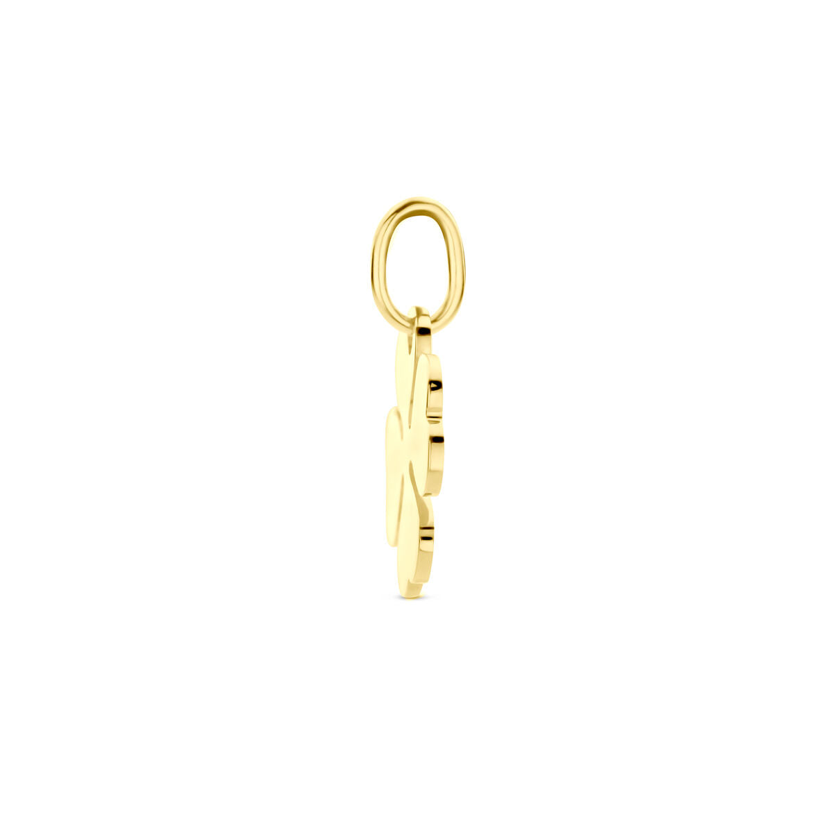 Zijaanzicht van een kleine, gouden, bloemvormige hanger klaver 14K geelgoud van Van der Kooij Collectie, met een ronde lus aan de bovenkant en afgebeeld op een effen witte achtergrond - ideaal voor dames op zoek naar tijdloze stijl.