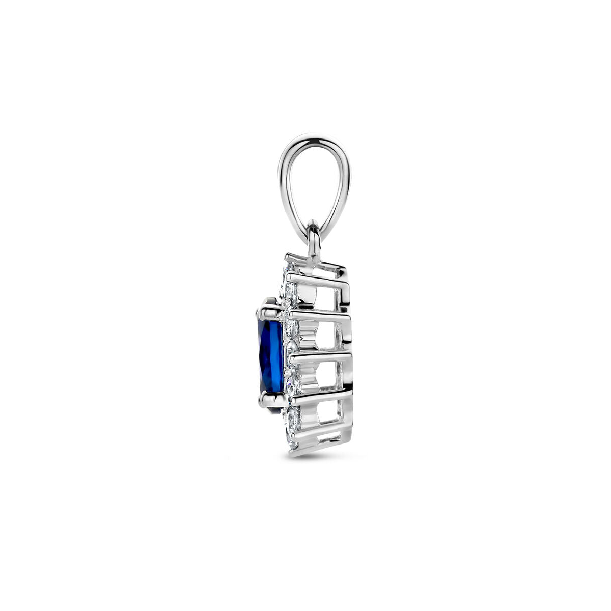 ciondolo color zaffiro e zirconia bianca halo argento placcato rodio