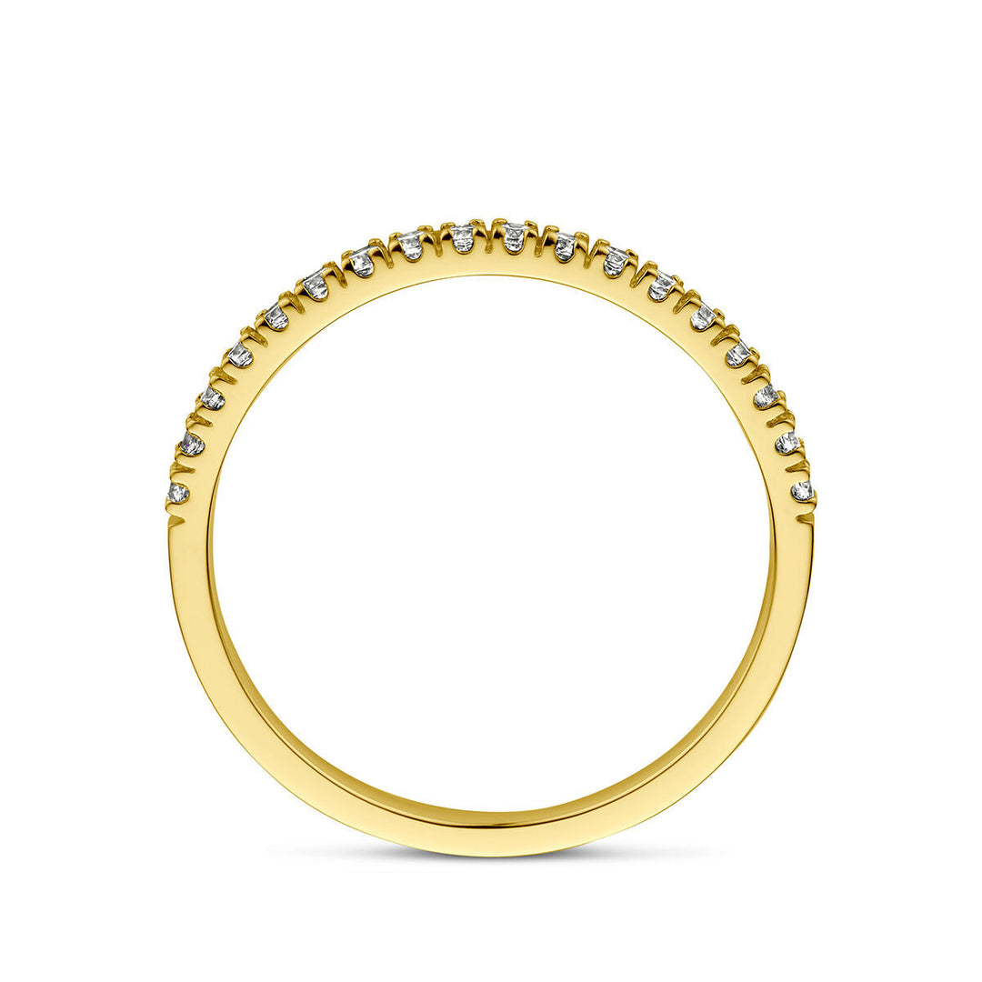 Van der Kooij Collectie ring met geboortesteen zirkonia april in 14K geelgoud, met kleine ronde zirkonia’s langs de bovenkant van de band, rechtopstaand weergegeven op een witte achtergrond.