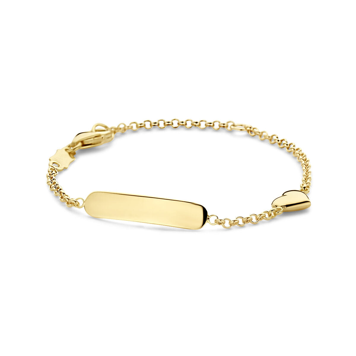 Bracciale in oro giallo con placca rettangolare e cuore, catena fine da 3,5 mm.