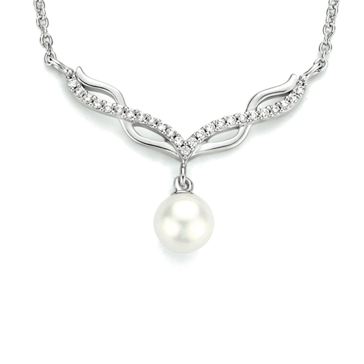 Collana in argento rodiato con perla e zircone, lunghezza 42 + 3 cm.