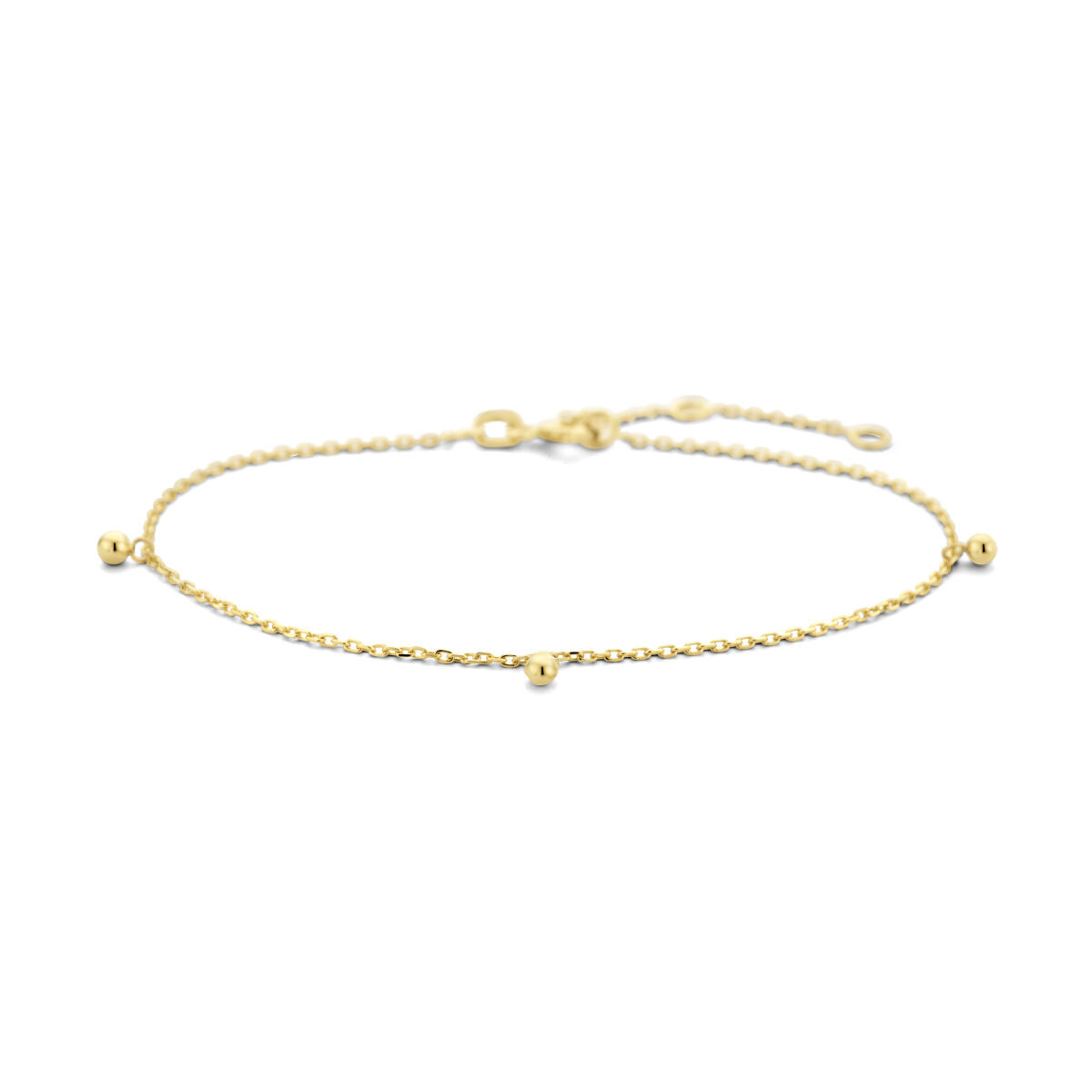 Bracciale in oro giallo 14K con piccole sfere, design delicato e catena sottile.