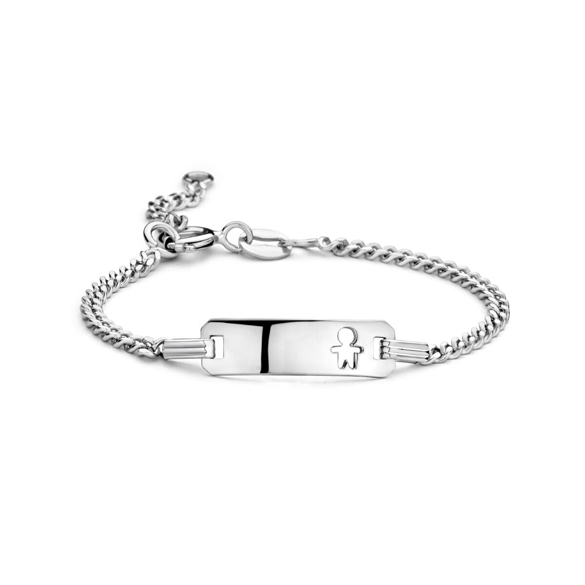 Bracciale in maglia rolò argentata con placca per incisione e chiusura a moschettone.