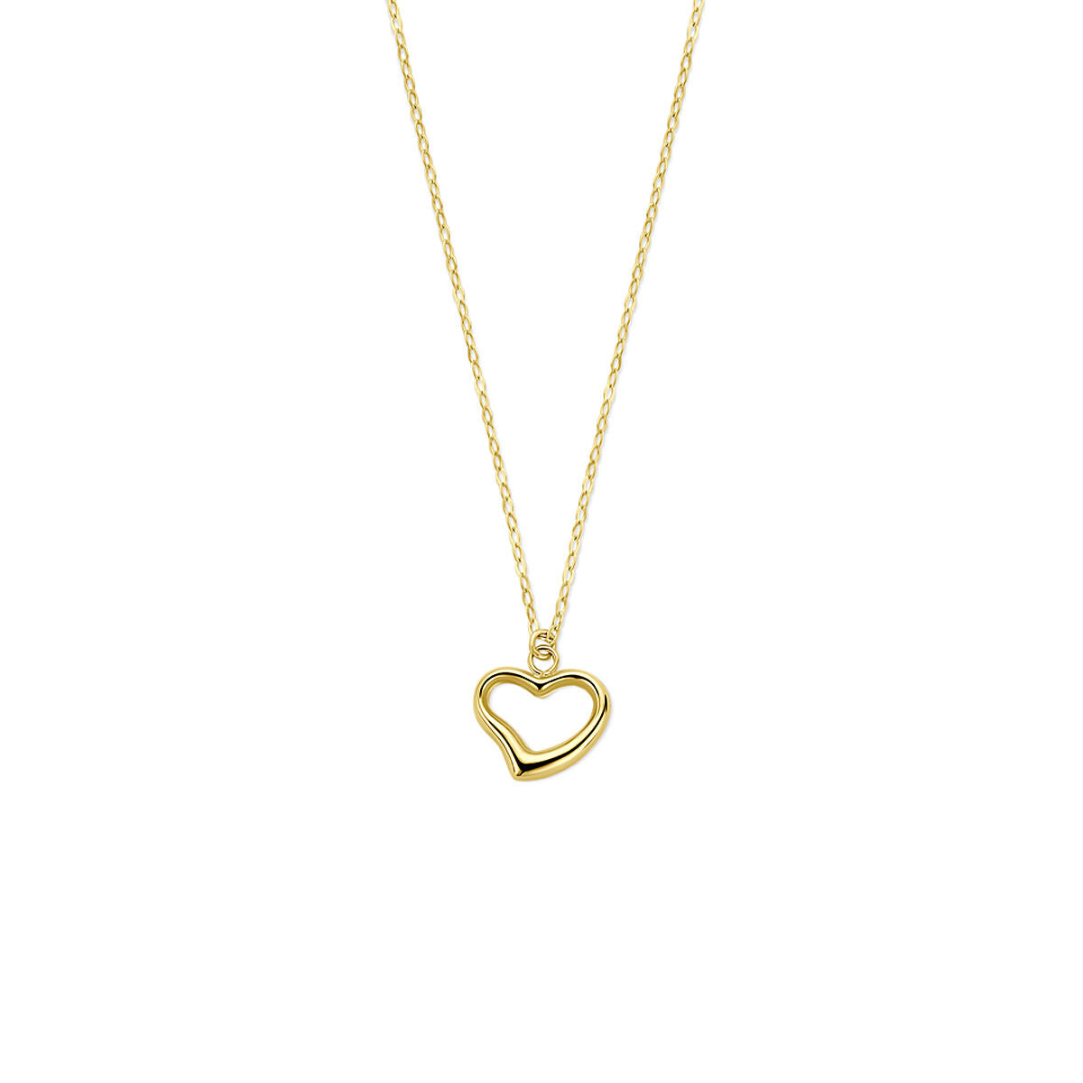 Geelgouden collier met een open hart hanger, fijn en minimalistisch ontwerp.