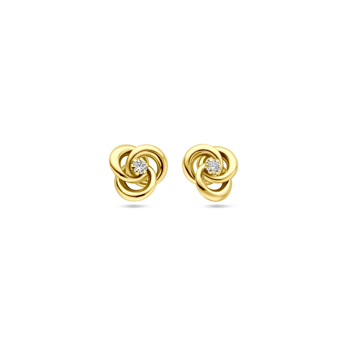 Orecchini in oro giallo 14K con zircone, design a forma di nodo, diametro 7 mm.
