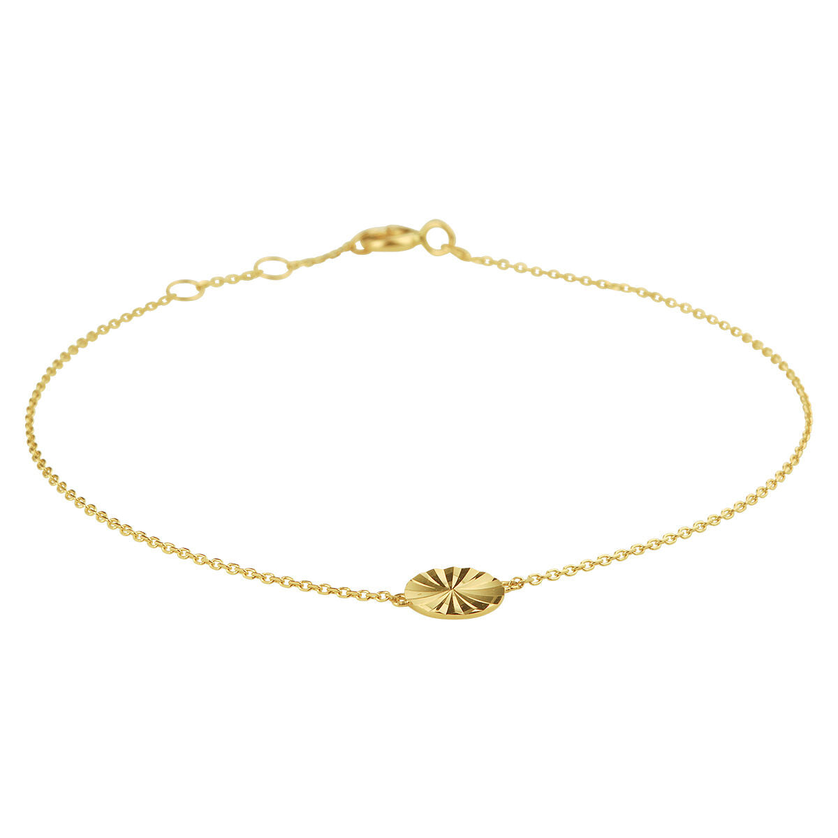 Bracciale in oro giallo 14K con pendente rotondo e finitura a righe.