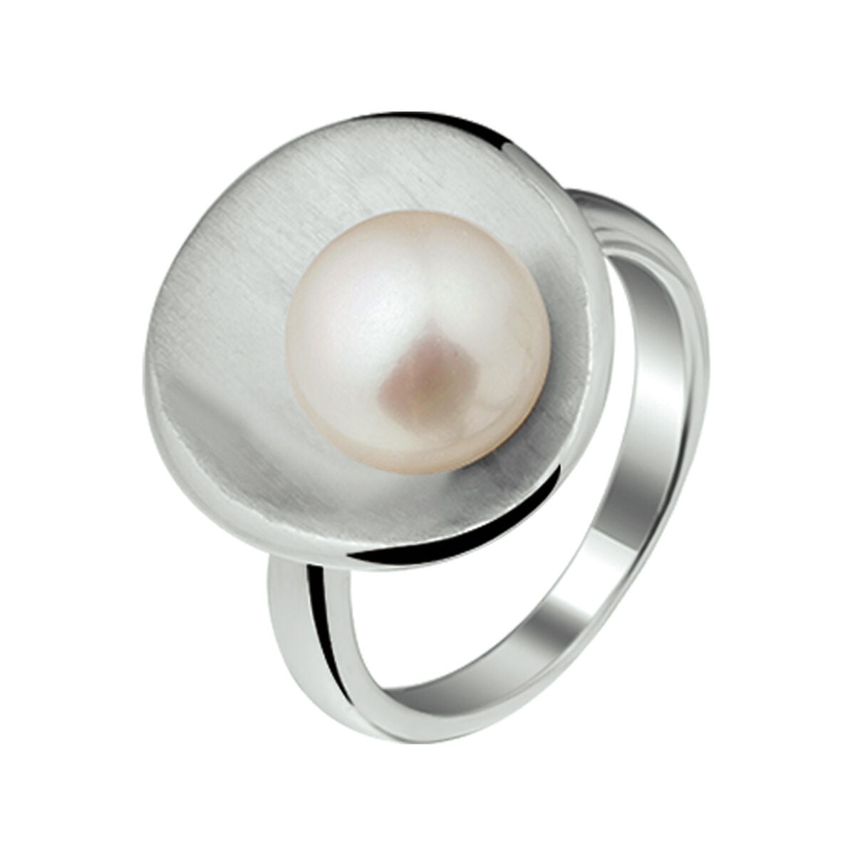 anello in argento rodiato con finitura lucida e opaca, decorato con una perla centrale