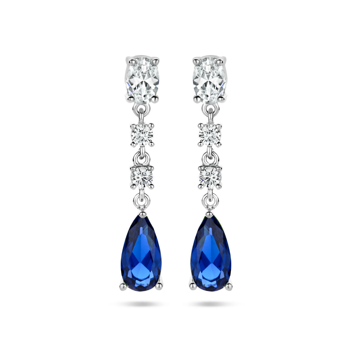 Orecchini pendenti in argento rodiato con zirconi incolore e zaffiro, forma a goccia.
