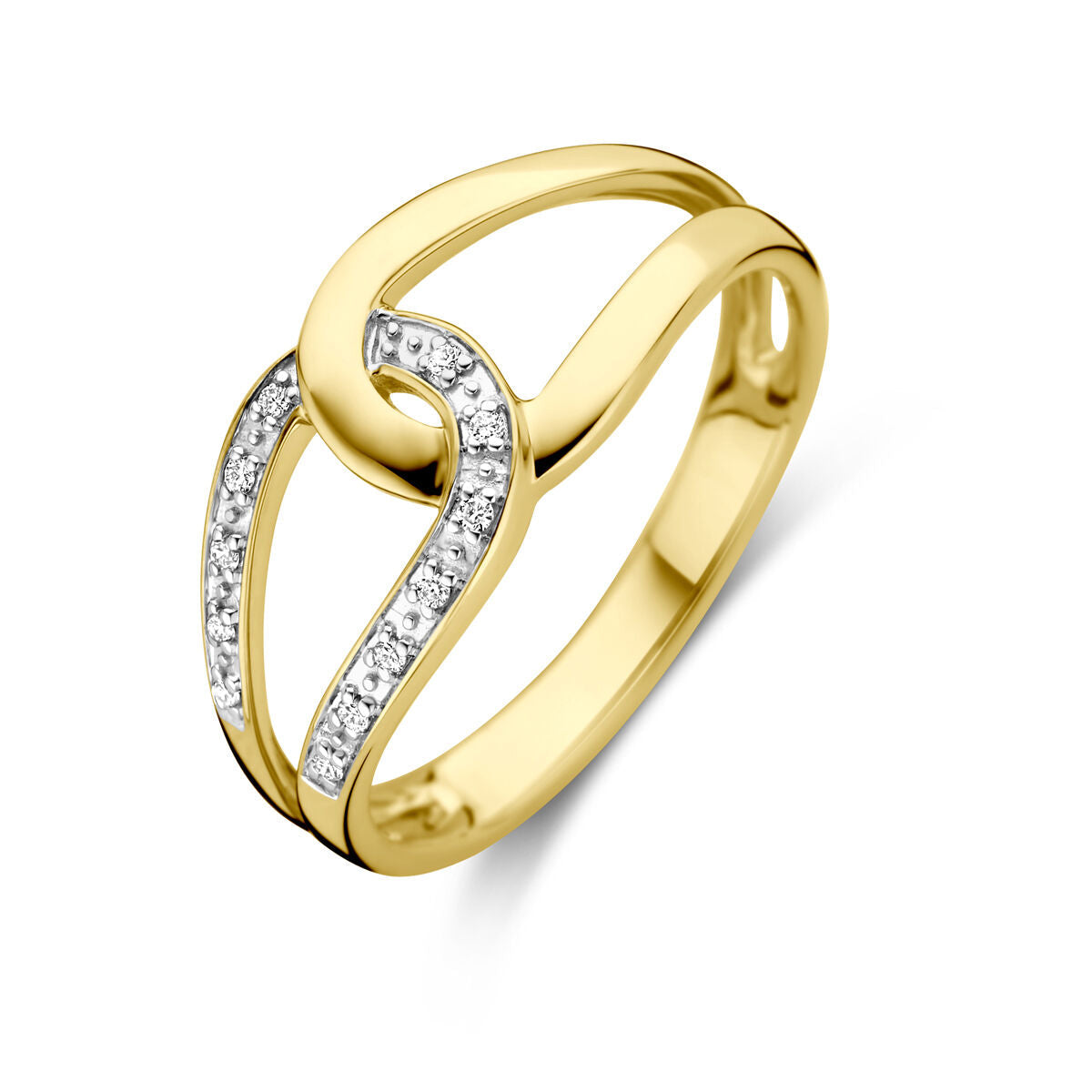 Anello in oro giallo 14K con diamanti da 0,03 ct, design intrecciato.