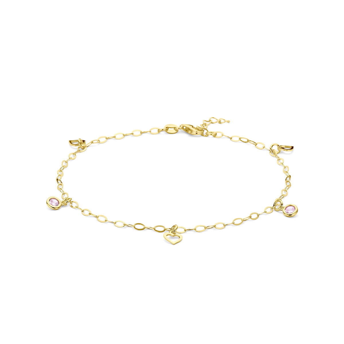Bracciale in argento dorato con cuore e zirconi rosa, lunghezza 24 + 2 cm.