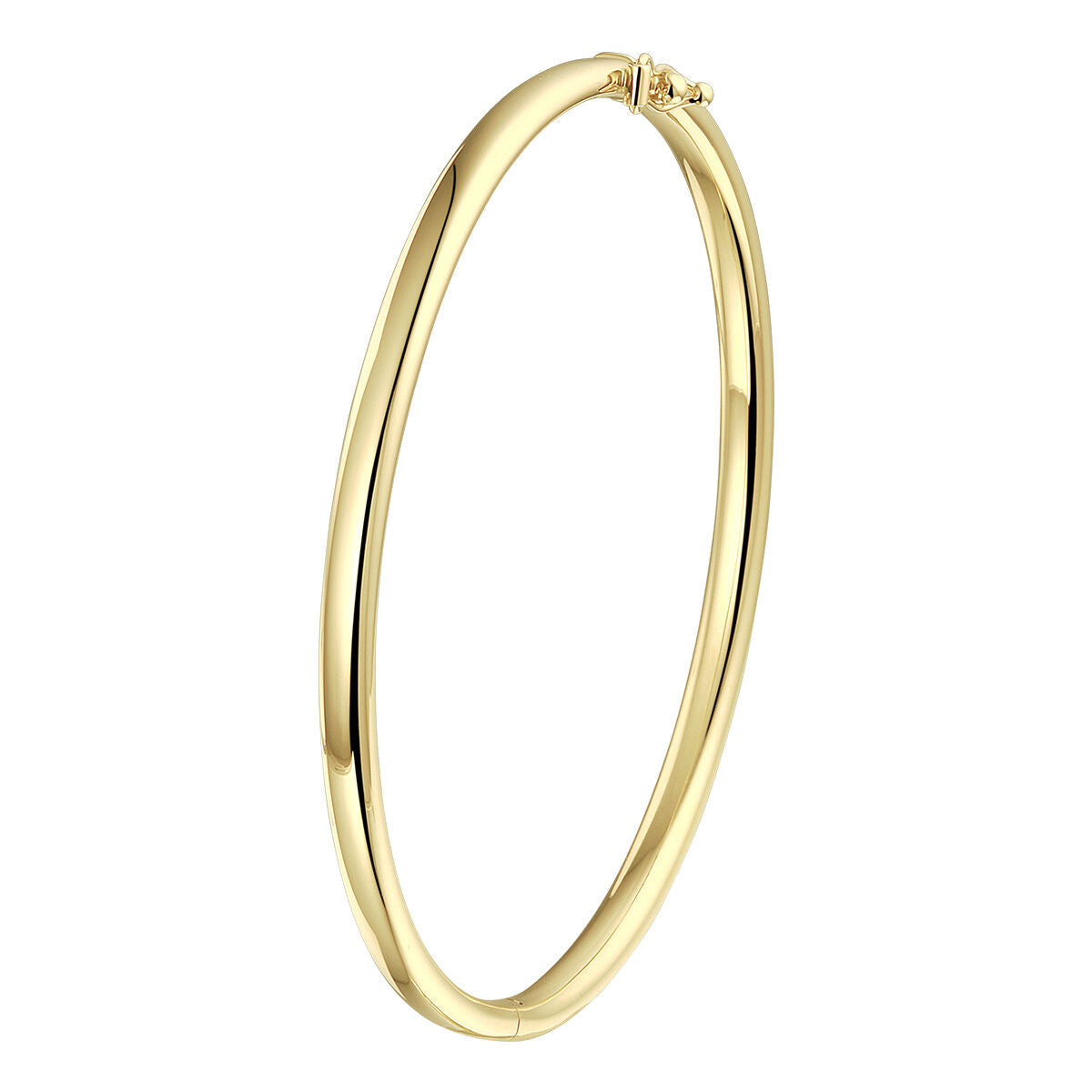 Bracciale rigido ovale in oro giallo 14K, con chiusura a scorrimento, spessore 4,0 mm.