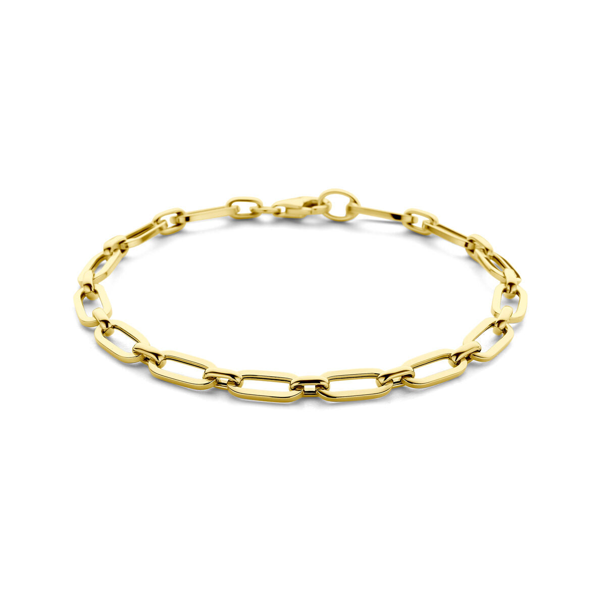 Bracciale in oro giallo 14K con maglie a forma di clip, larghezza 5,0 mm, lunghezza 19 cm.