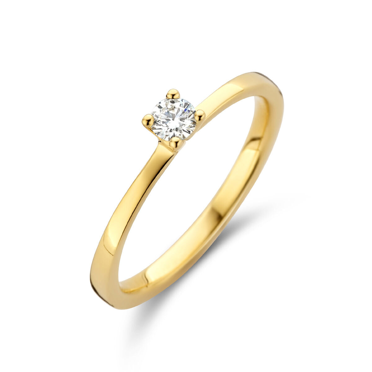 Anello in oro giallo 14K con diamante di 0,15 ct, montatura semplice e brillante.