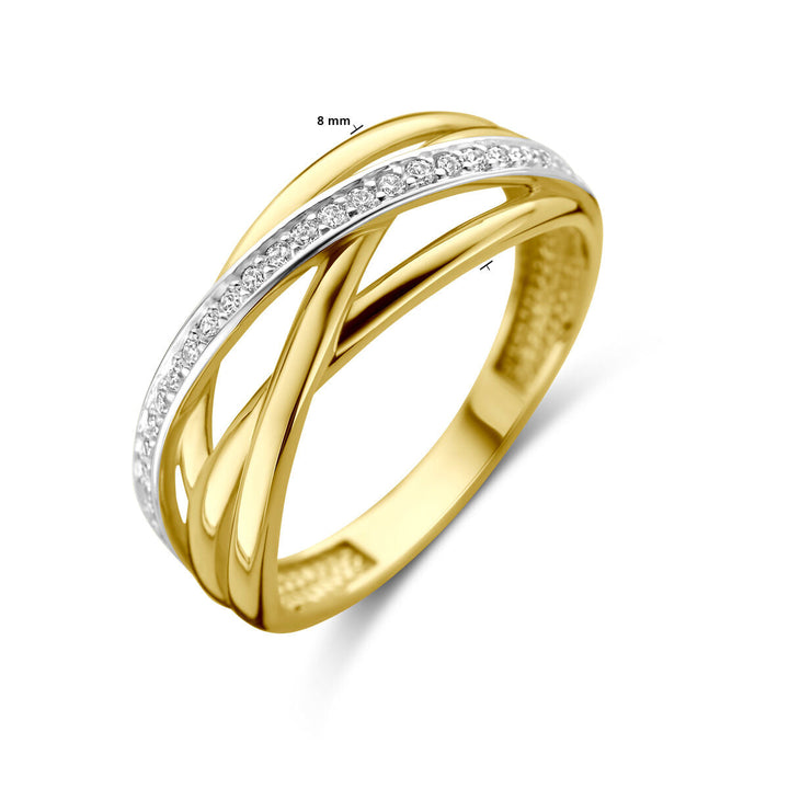 De Van der Kooij Collectie ring zirkonia 14K geelgoud heeft een ingeweven ontwerp met een witgouden band en briljant geslepen zirkonia die subtiel over de top kruist. De ring is 8 mm breed.