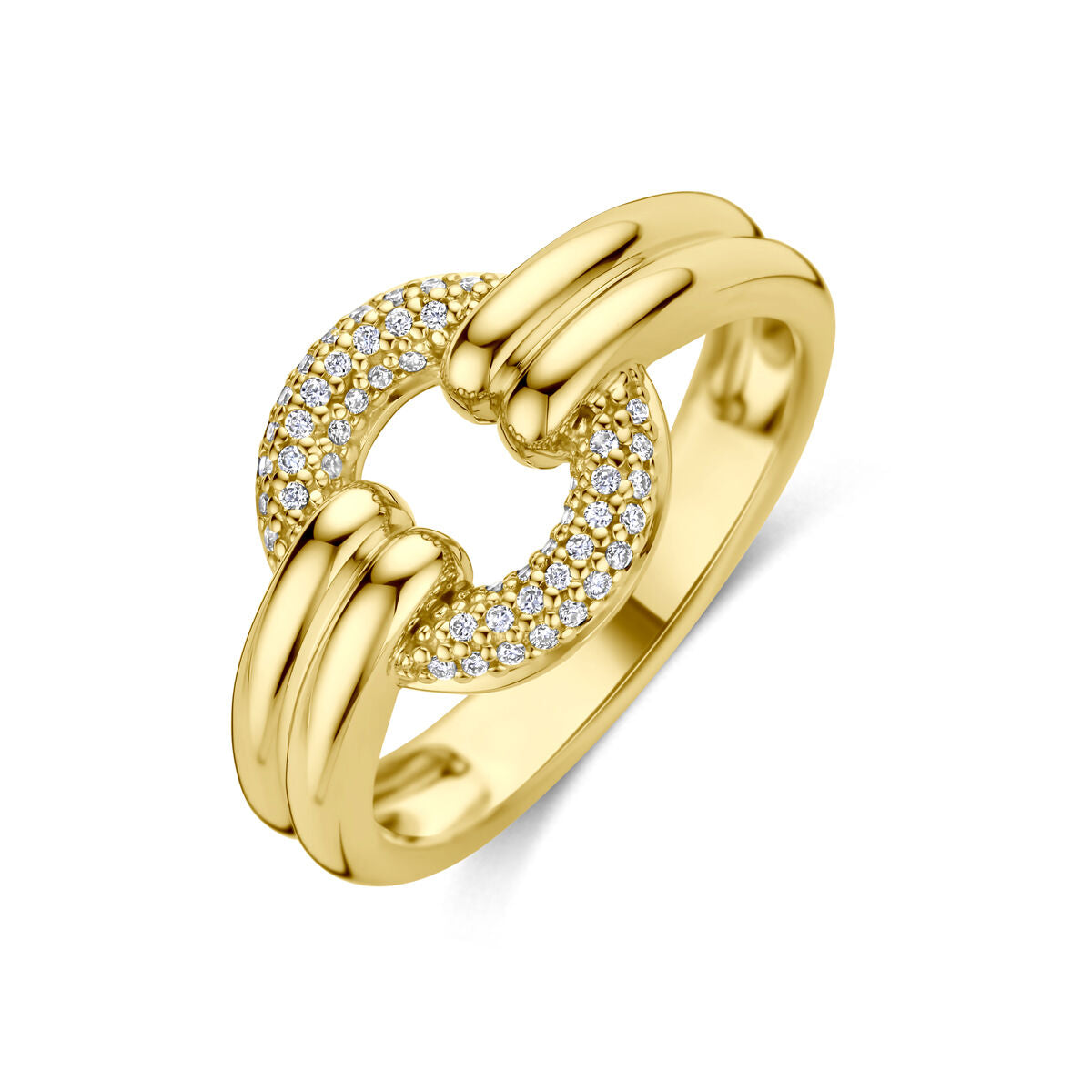 Anello da donna in oro giallo 14k con diamanti, design a cerchio con dettagli lucidi.