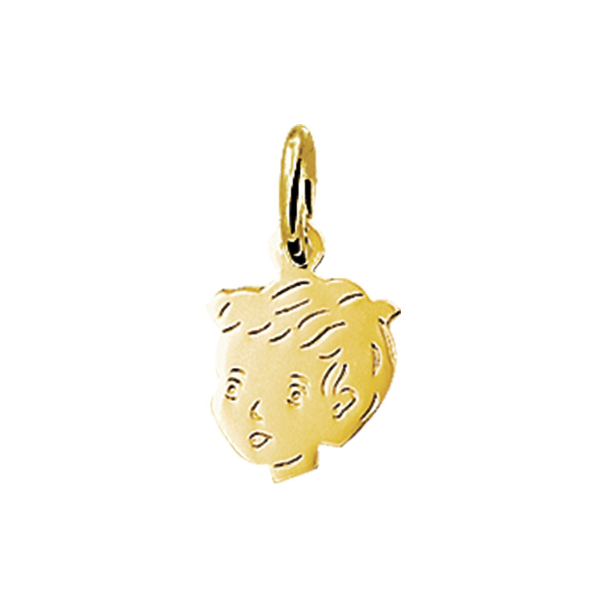 Ciondolo in oro giallo 14K a forma di testa di ragazzo, dimensioni 12,5 x 8,5 mm.