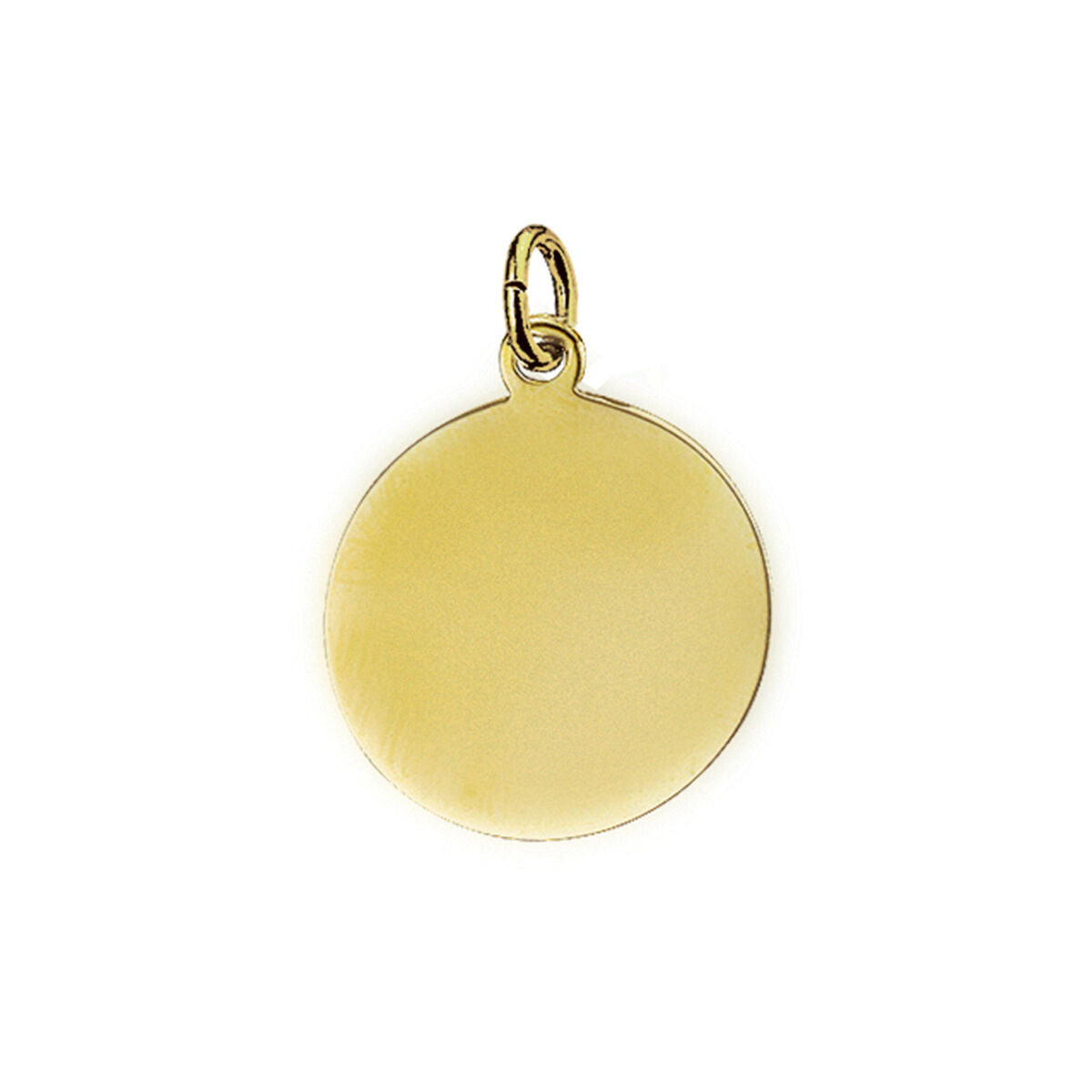 Ciondolo rotondo in oro giallo 14K, superficie liscia e lucida.