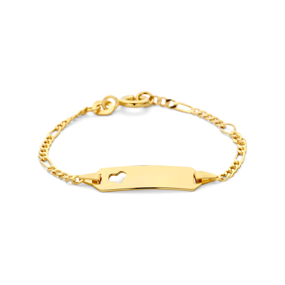 Bracciale figaro in oro giallo 14K con placca centrale e cuore intagliato.