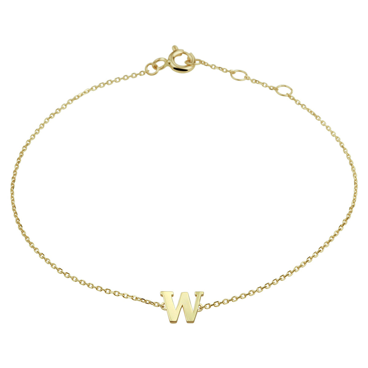 Bracciale in oro giallo 14K con lettera "W", lunghezza regolabile da 16,5 a 18,5 cm.