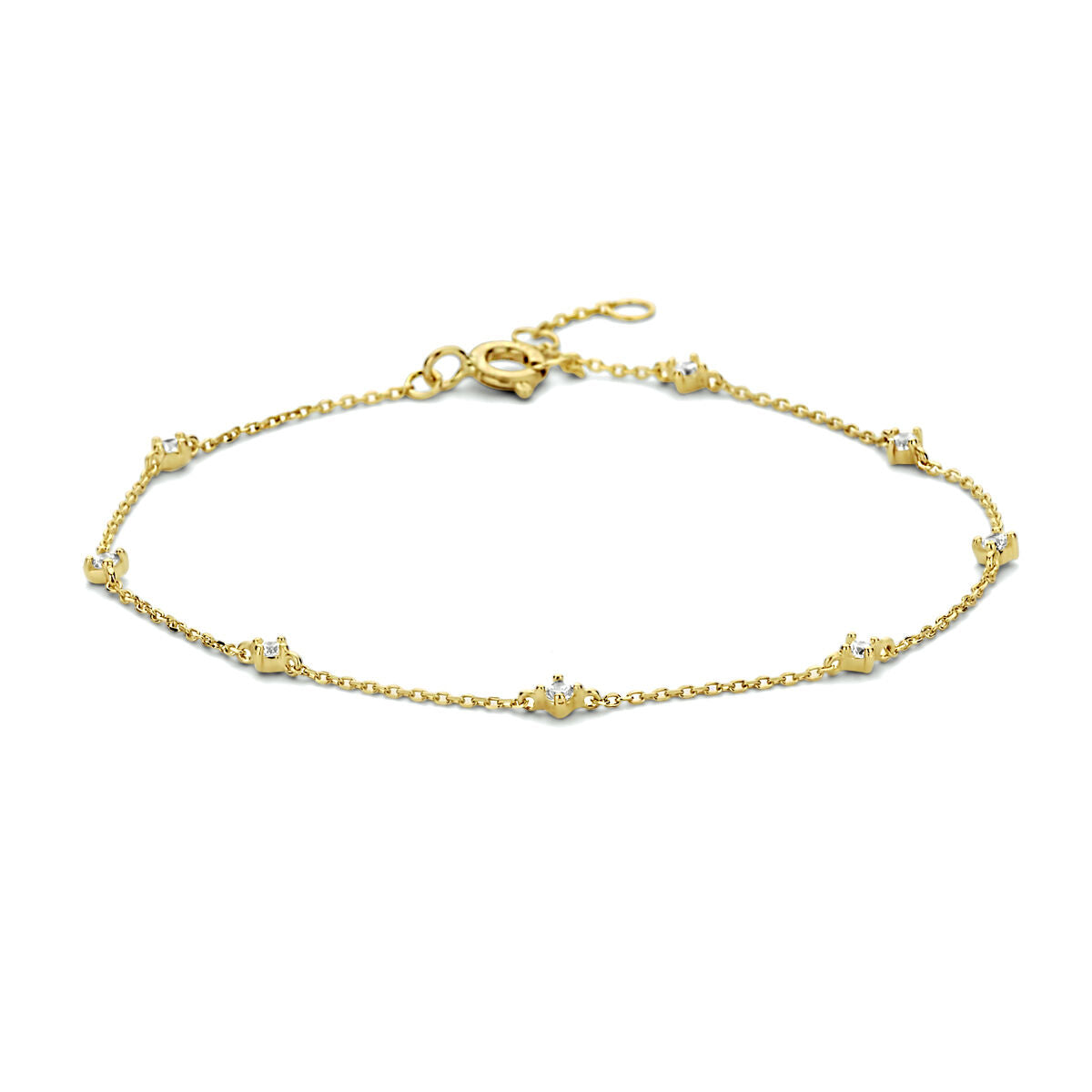Bracciale in oro giallo 14K con zircone, lunghezza regolabile da 16,5 a 18,5 cm.